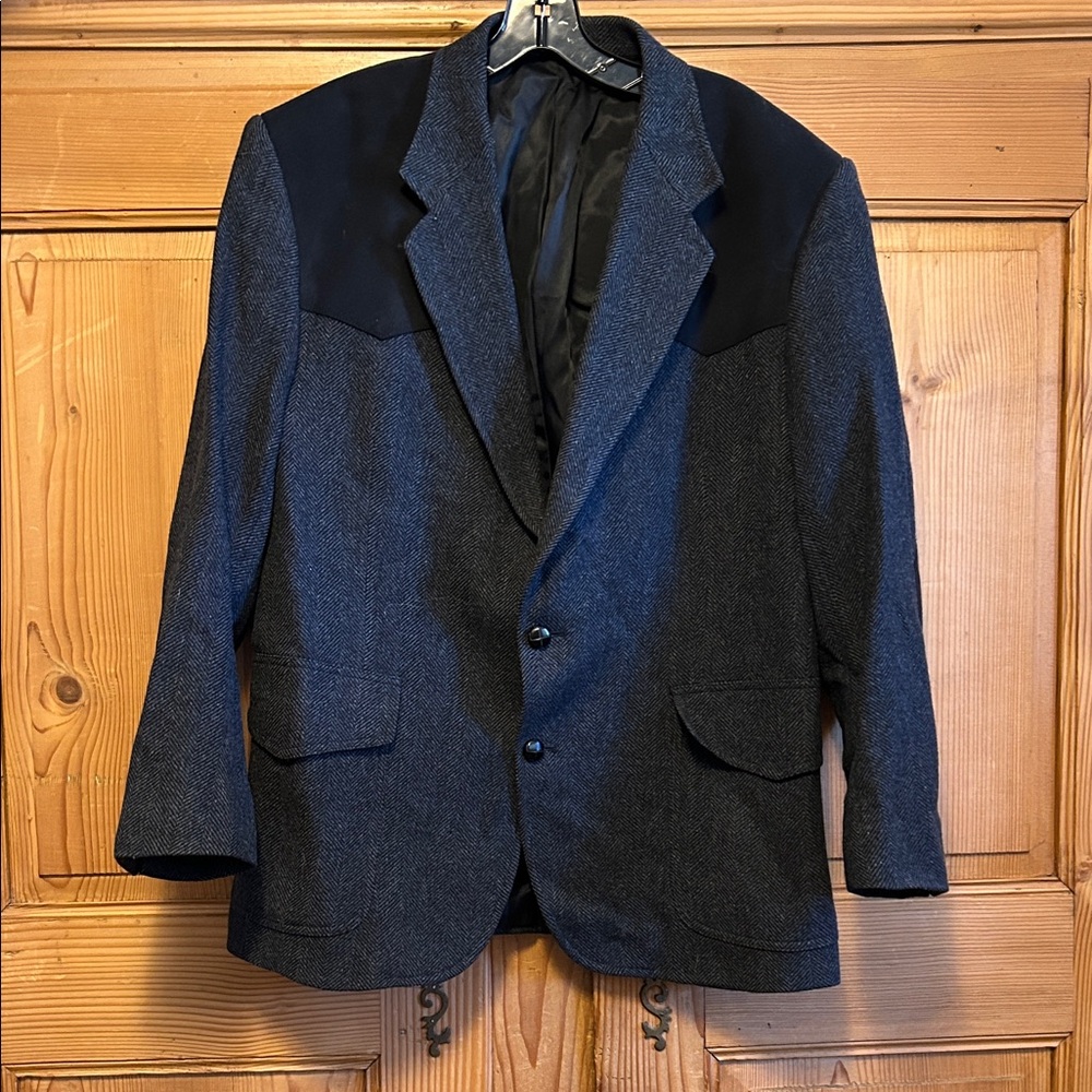 Pendleton Western Black Tweed Wool Jacket Blazer Sport Coat Suede Elbow Patches